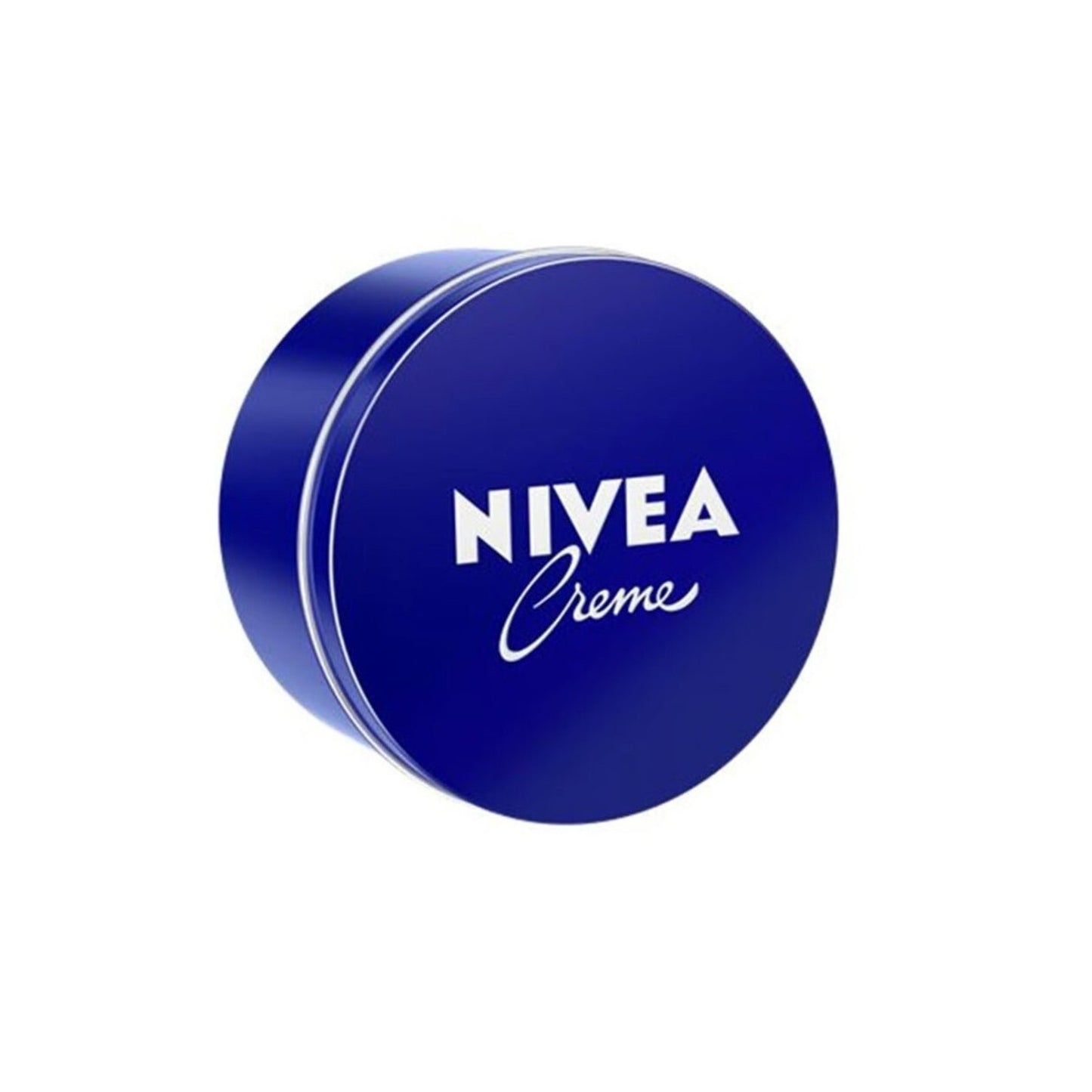 Round blue metal tin of Nivea Creme moisturizing cream with white bold uppercase and cursive logo on the lid, shown against a white background.