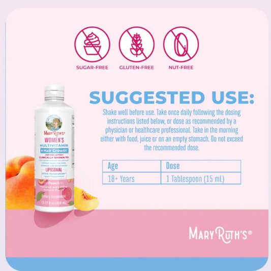 MaryRuth’s Multivitamin and Lustriva Hair Growth Liposomal bottle with suggested use and sugar, gluten, nut-free icons