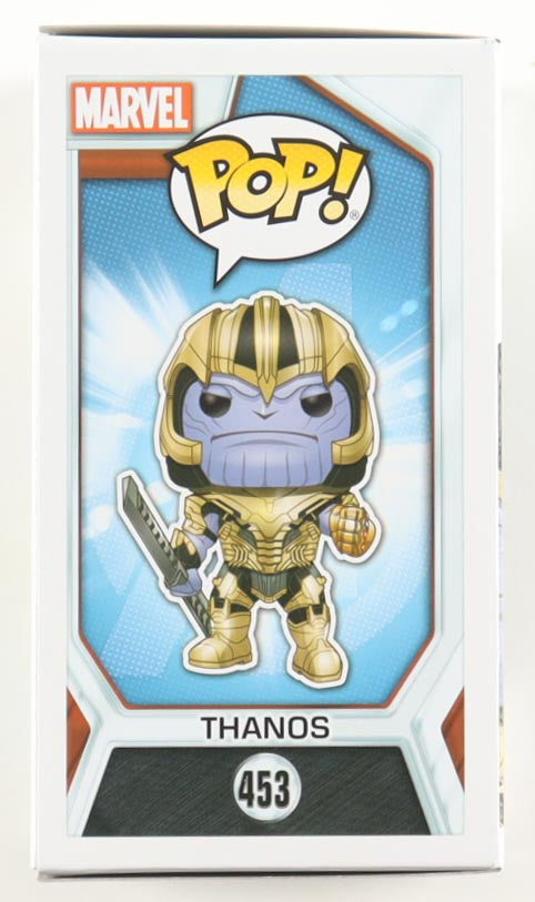 Marvel Pop! Thanos Funko Pop vinyl figure number 453 in gold armor with sword and Infinity Gauntlet details