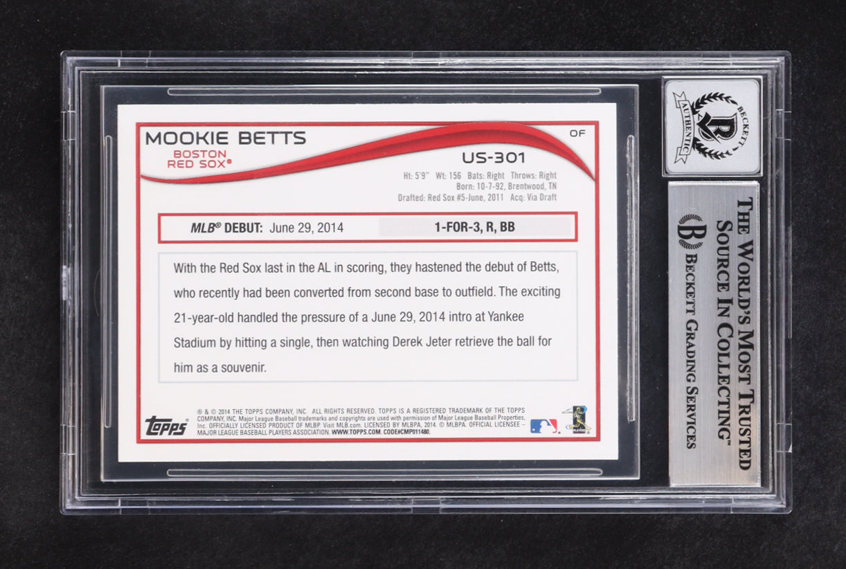 Mookie Betts 2014 Topps Update rookie card numbered US-301 with autograph graded BGS 10 and authentication label