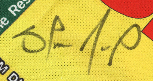 Shawn Kemp autograph on yellow Mitchell & Ness SuperSonics basketball jersey with Beckett Authentication hologram visible