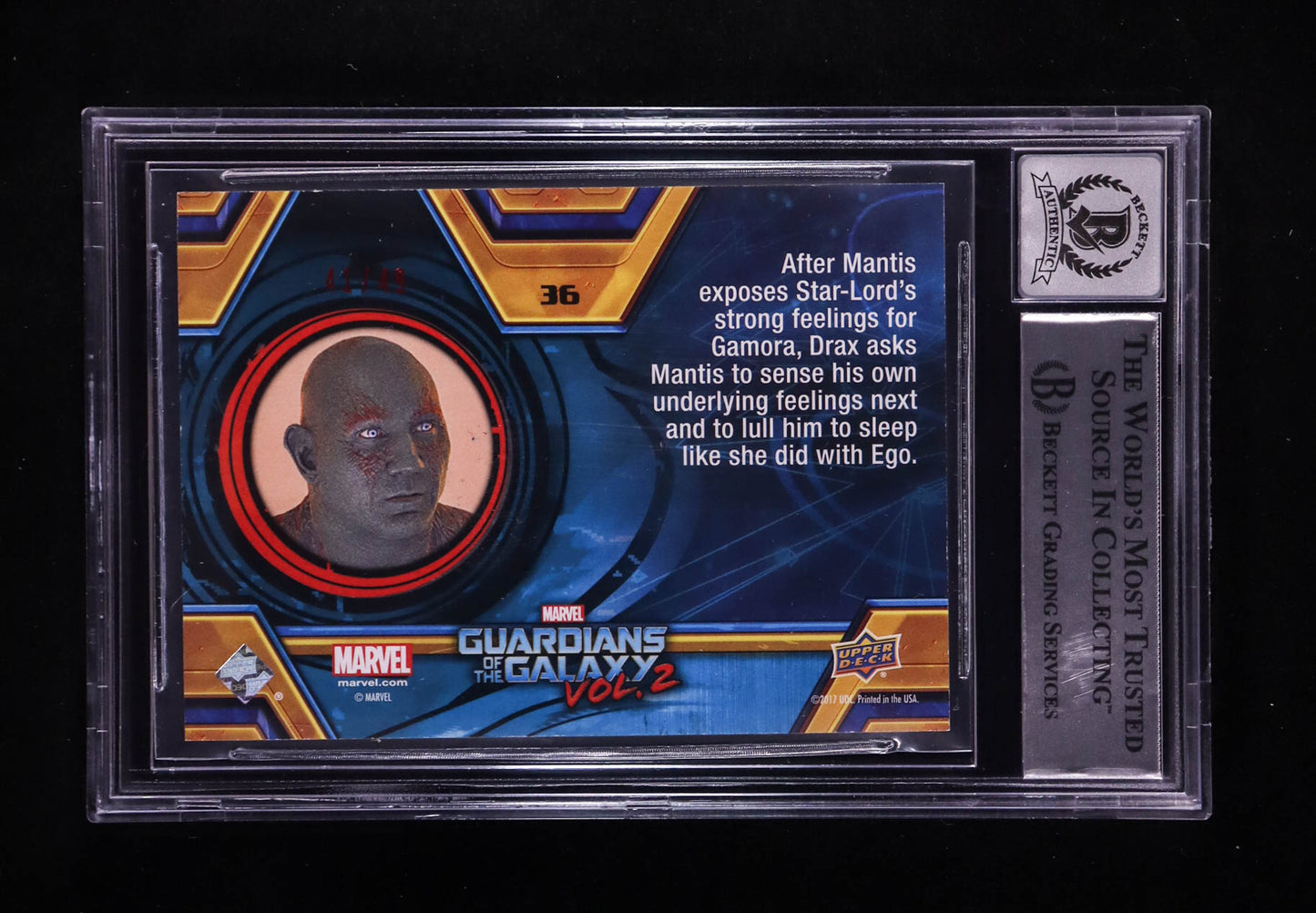 Encased collectible card featuring a character portrait and scene description from Guardians of the Galaxy Vol. 2, authenticated by a professional grading service with a protective plastic slab.