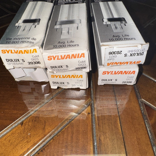 Six new Sylvania 20335 DULUX S 13 watt fluorescent bulbs in original packaging with Gx23 base and two-pin connectors