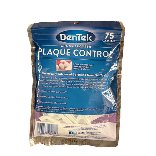 Dentek Plaque Control Cross Flosser dental picks 75 count package with X-shaped floss for plaque and food removal