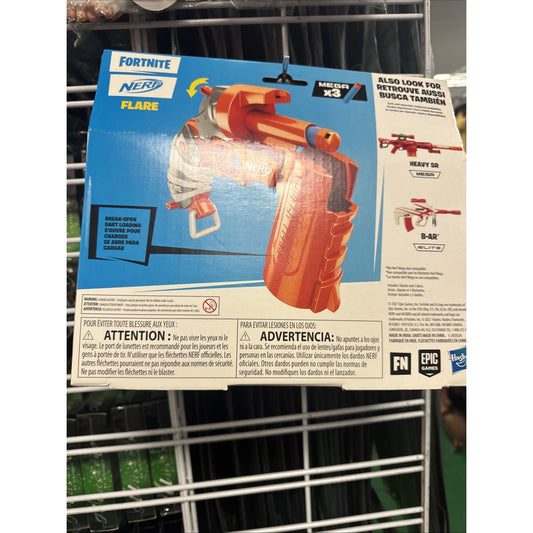 Nerf Fortnite Flare toy in orange with break-open loading mechanism shown in packaging with instructions and warnings