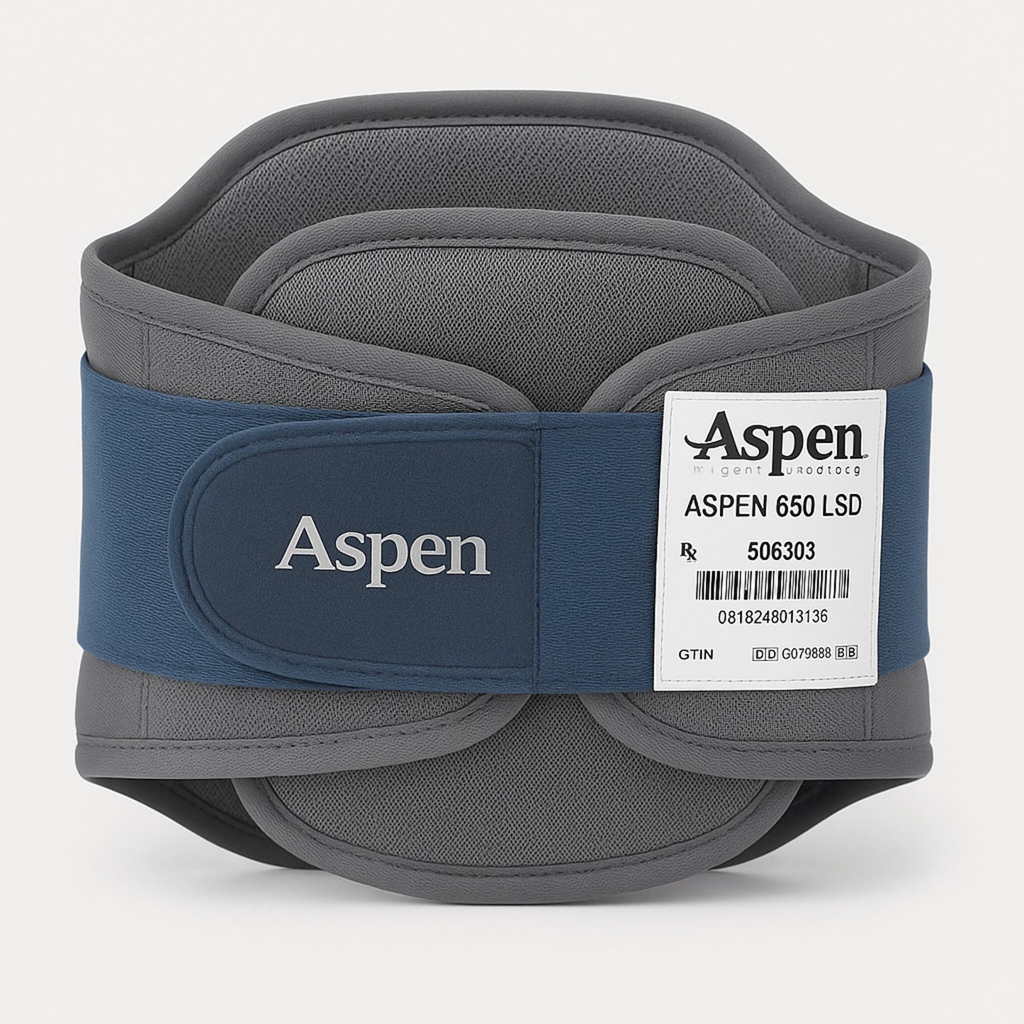Gray and blue adjustable back brace with a fabric strap featuring the Aspen logo and a white medical label attached on a white background.