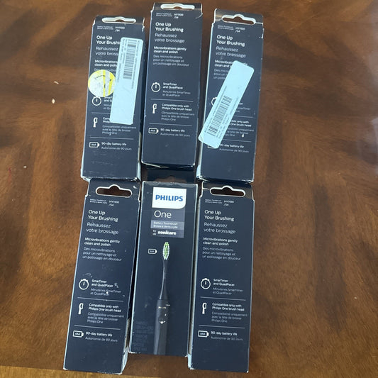 Set of six Philips One Battery Toothbrush replacements for Philips Sonicare HY1100/54 with packaging showing product details.