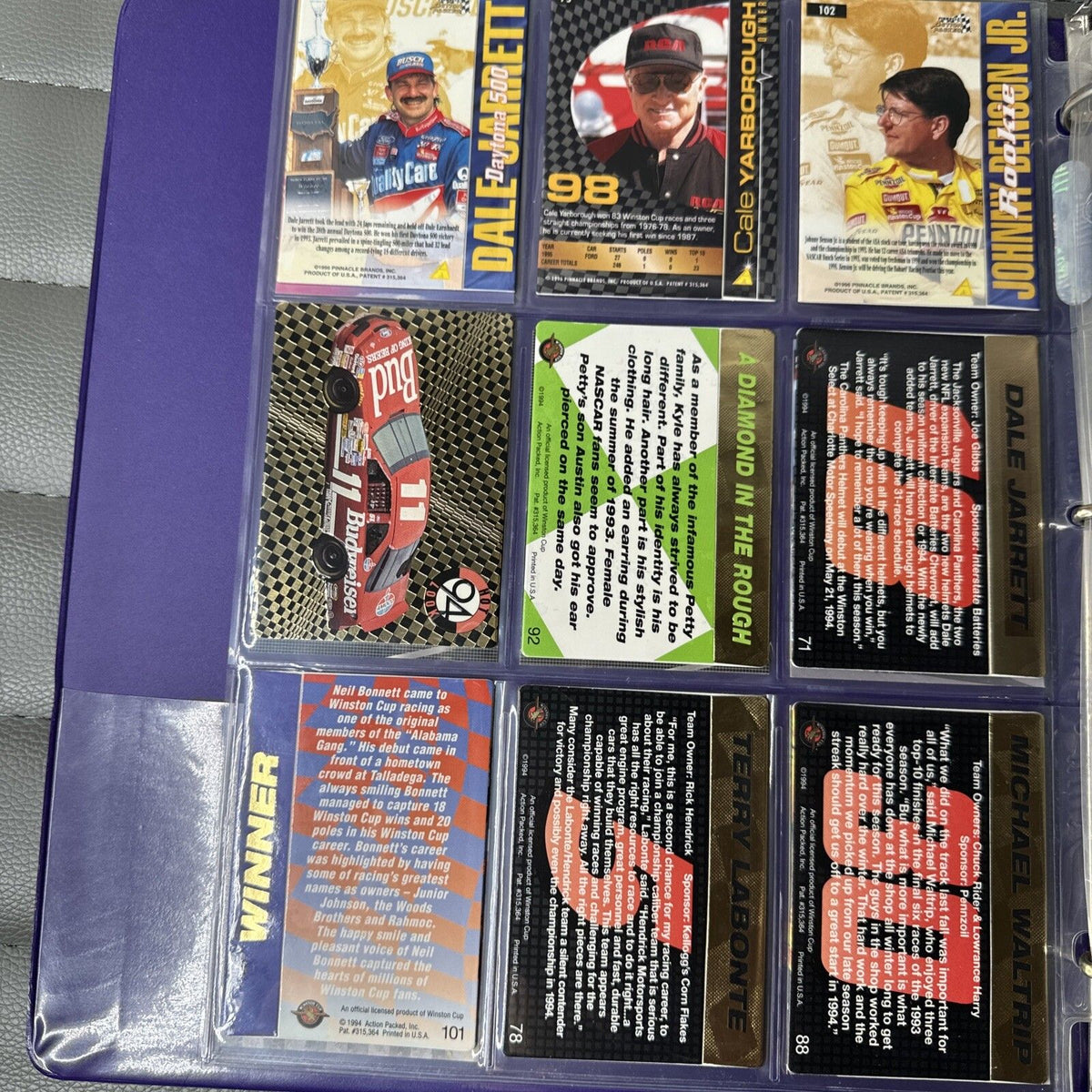 Set of 9 Pinnacle Pro Set NASCAR Marx Trading Cards (Set D648)
