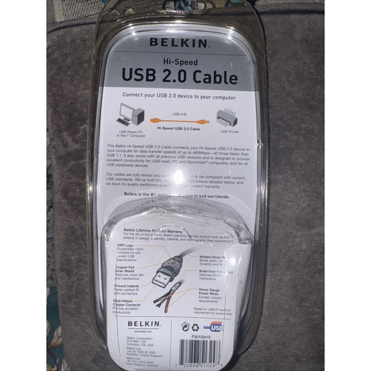 Belkin Hi-Speed USB 2.0 Cable 10-foot long with USB A and B plugs in sealed retail packaging