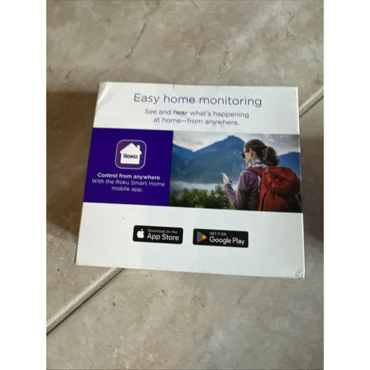 Roku Indoor Camera SE box showing easy home monitoring with Roku Smart Home app and available on App Store and Google Play
