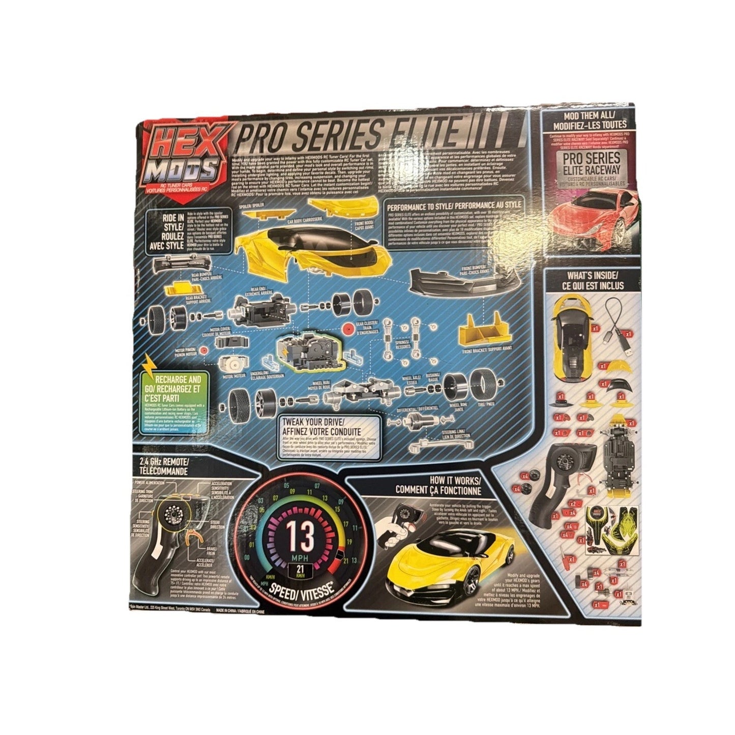 Box back of a HexMOTS Pro Series Elite III remote-controlled car kit featuring exploded views of yellow and black car components, a speedometer graphic indicating 13 mph, and images of included parts with instructional text.