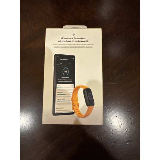 Fitbit Inspire 3 Health and Fitness Tracker in Morning Glow yellow with activity and wellness app interface on box front