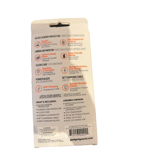 Gadget Guard 5-in-1 Essentials Kit packaging showing features for iPhone 17 Pro clear case and accessories
