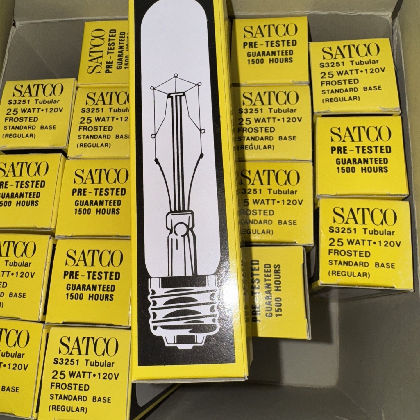 Lot of 20 SATCO S3251 tubular 25 watt 120V frosted standard base light bulbs in yellow retail boxes