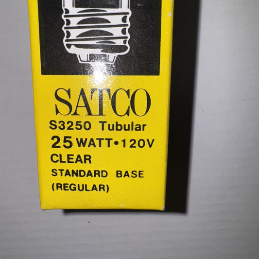 Yellow box packaging for Satco S3250 tubular clear light bulb 25W 120V with standard base regular size