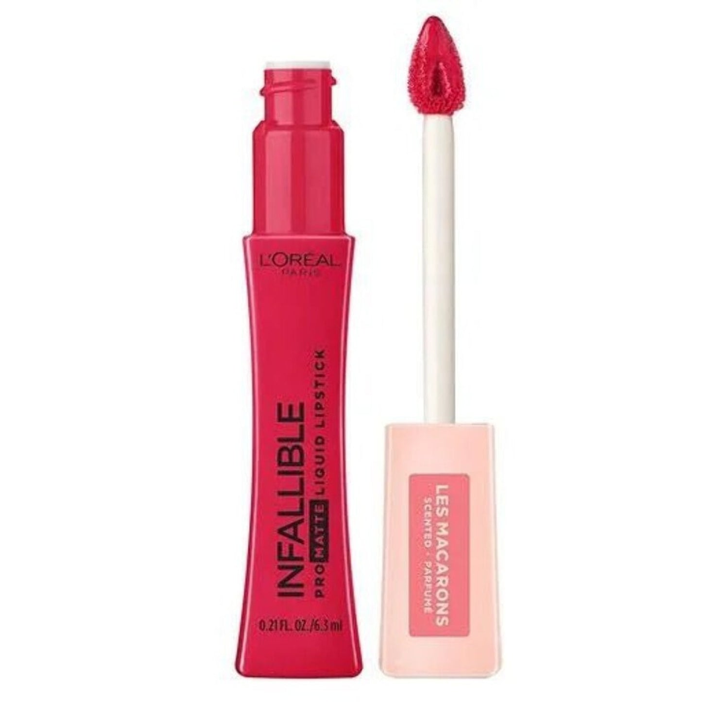 Bright red liquid lipstick tube with a matching applicator wand featuring a pointed, sponge tip, alongside a pale pink square cap labeled "Les Macarons.
