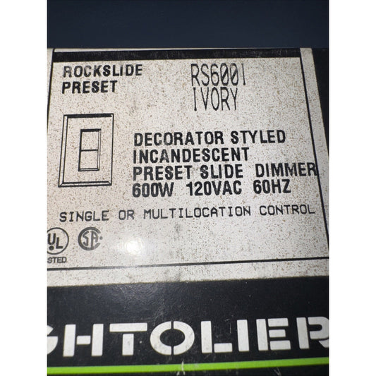 Lighter RS6001 ivory electronic solid state decorator style incandescent preset slide dimmer 600W 120VAC 60Hz label