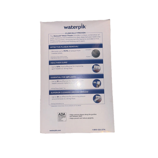 Back of Waterpik Ultra Water Flosser box showing product benefits and ADA acceptance in black and white text