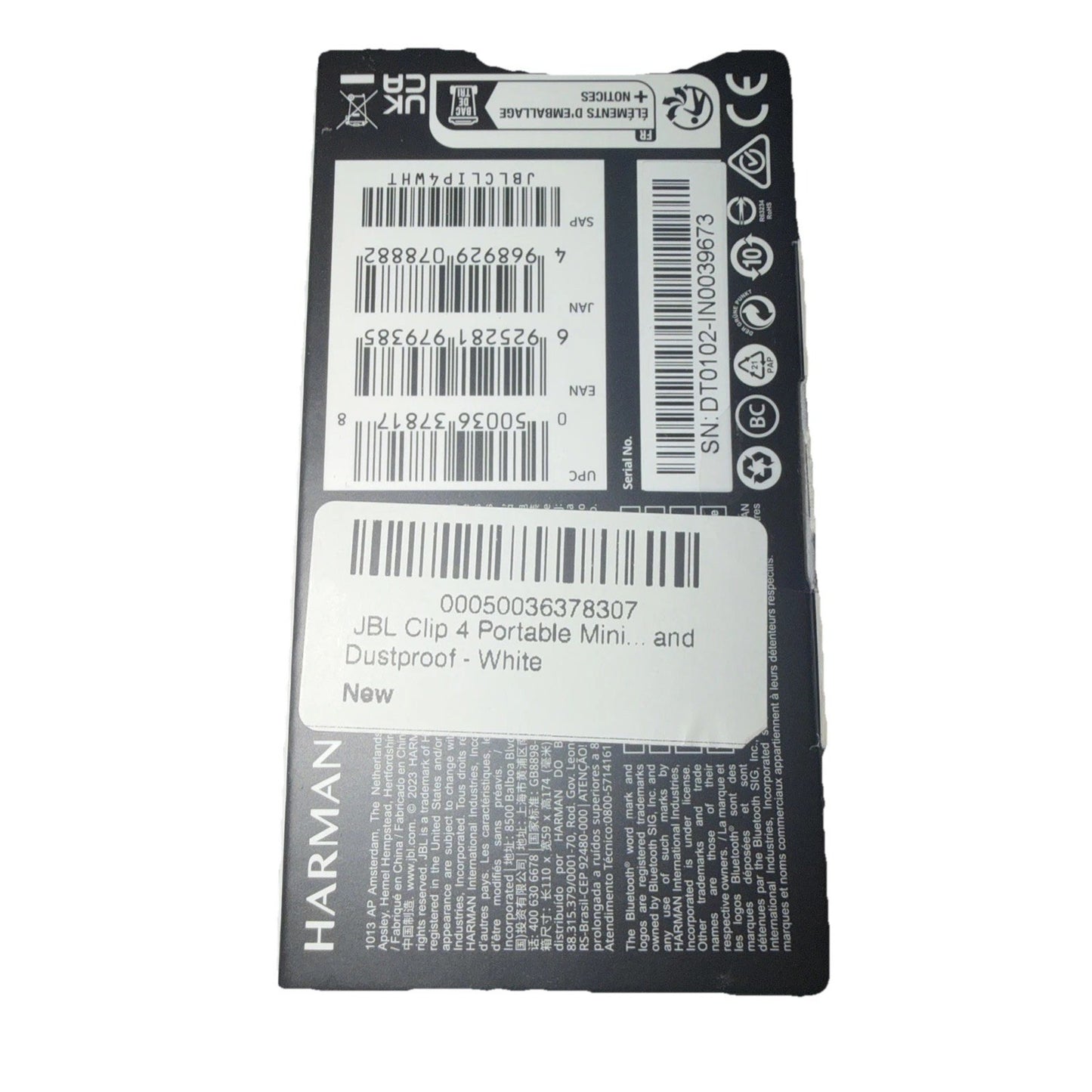 Black and white product packaging label featuring multiple barcodes, regulatory symbols, and a white sticker indicating a white portable, dustproof mini speaker.