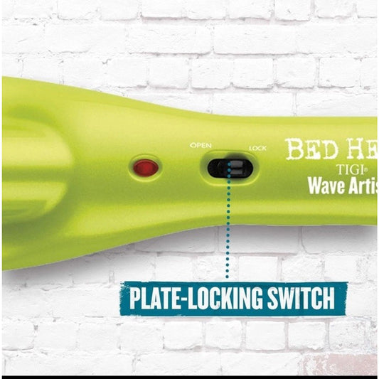 Green Bed Head Wave Artist deep waver hair tool showing plate-locking switch and power indicator light