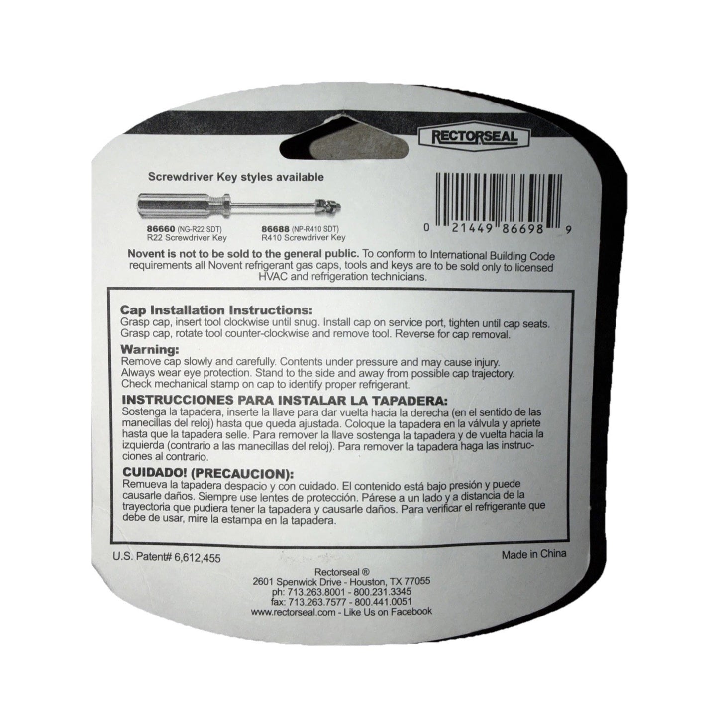 Rectorseal product packaging card showing screwdriver key styles available, installation instructions, safety warnings, and bilingual text in English and Spanish with barcode on a white background.