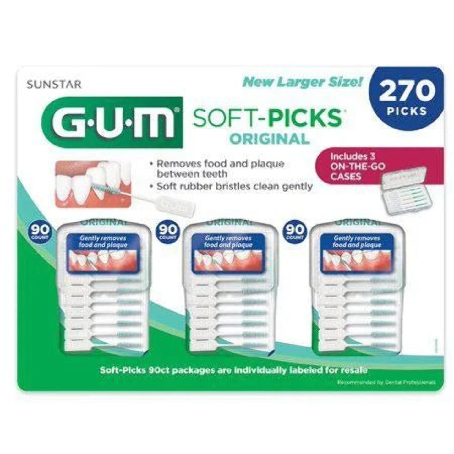 Package of Sunstar GUM Soft-Picks Original with 270 picks total in three individual 90-count containers, featuring soft rubber bristles designed to remove food and plaque between teeth, including three on-the-go cases.