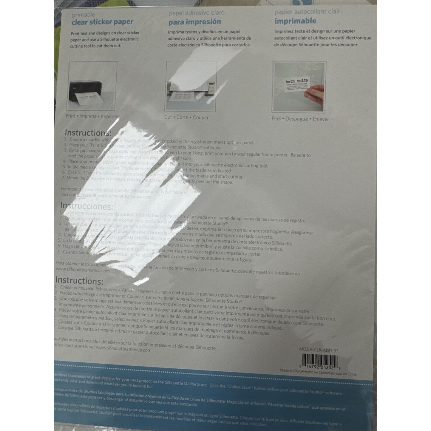 Silhouette Printable Clear Sticker Paper 8.5 x 11 inches 8-sheet pack with instructions for cutting and peeling