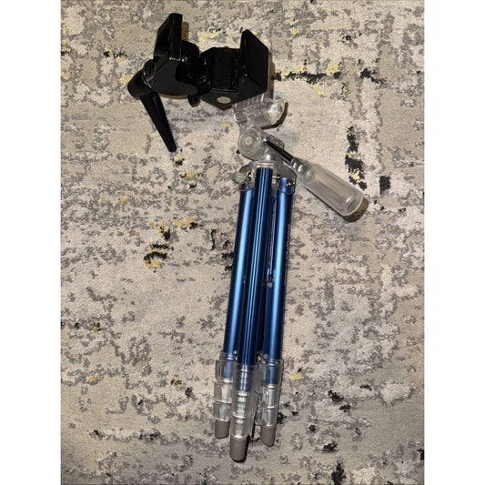 Digipower photo and video tripod with blue legs and adjustable mount for GoPro and camera vlogging and photography