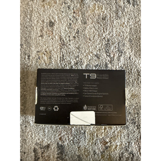 Franklin T9 Black T-Mobile 4G LTE Mobile WiFi Hotspot Modem packaging box showing product details and features