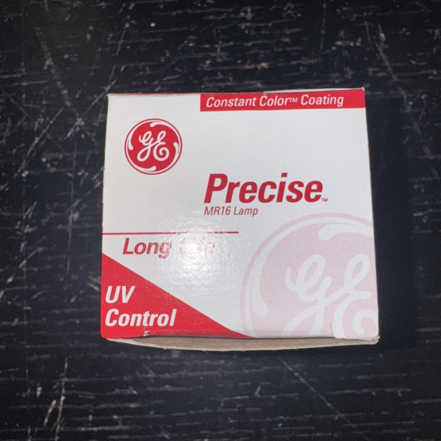 General Electric Precise MR16 lamp bulb box with UV control and constant color coating in white and red design