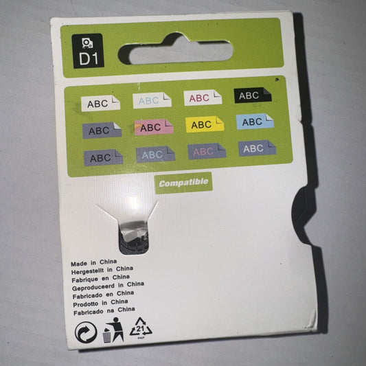 Dymo 45013 D1 label tape cartridge packaging showing color samples and compatibility information on white backing