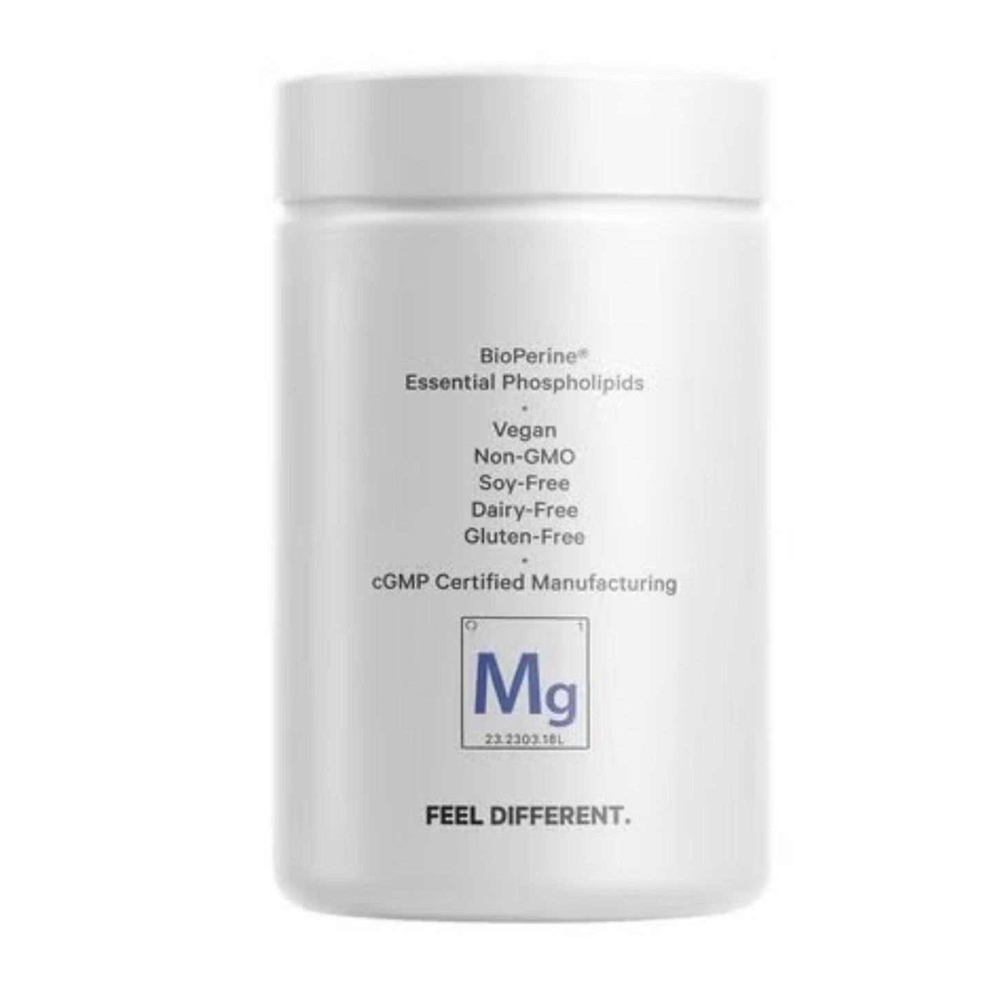 White cylindrical supplement container featuring text listing "BioPerine," essential phospholipids, and attributes including vegan, non-GMO, soy-free, dairy-free, gluten-free, with a cGMP certification logo and the phrase "FEEL DIFFERENT.