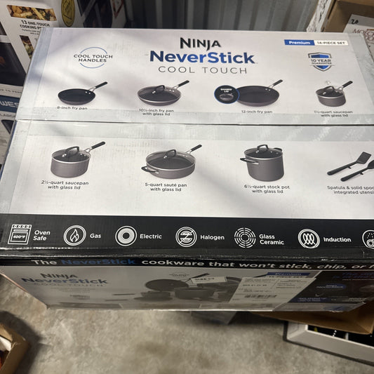 Ninja NeverStick Premium Cool Touch 14 Piece Cookware Set with glass lids and cool touch handles in sealed box