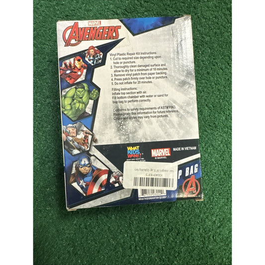Marvel Avengers bop bag packaging showing Hulk, Iron Man, Captain America with repair and filling instructions on back