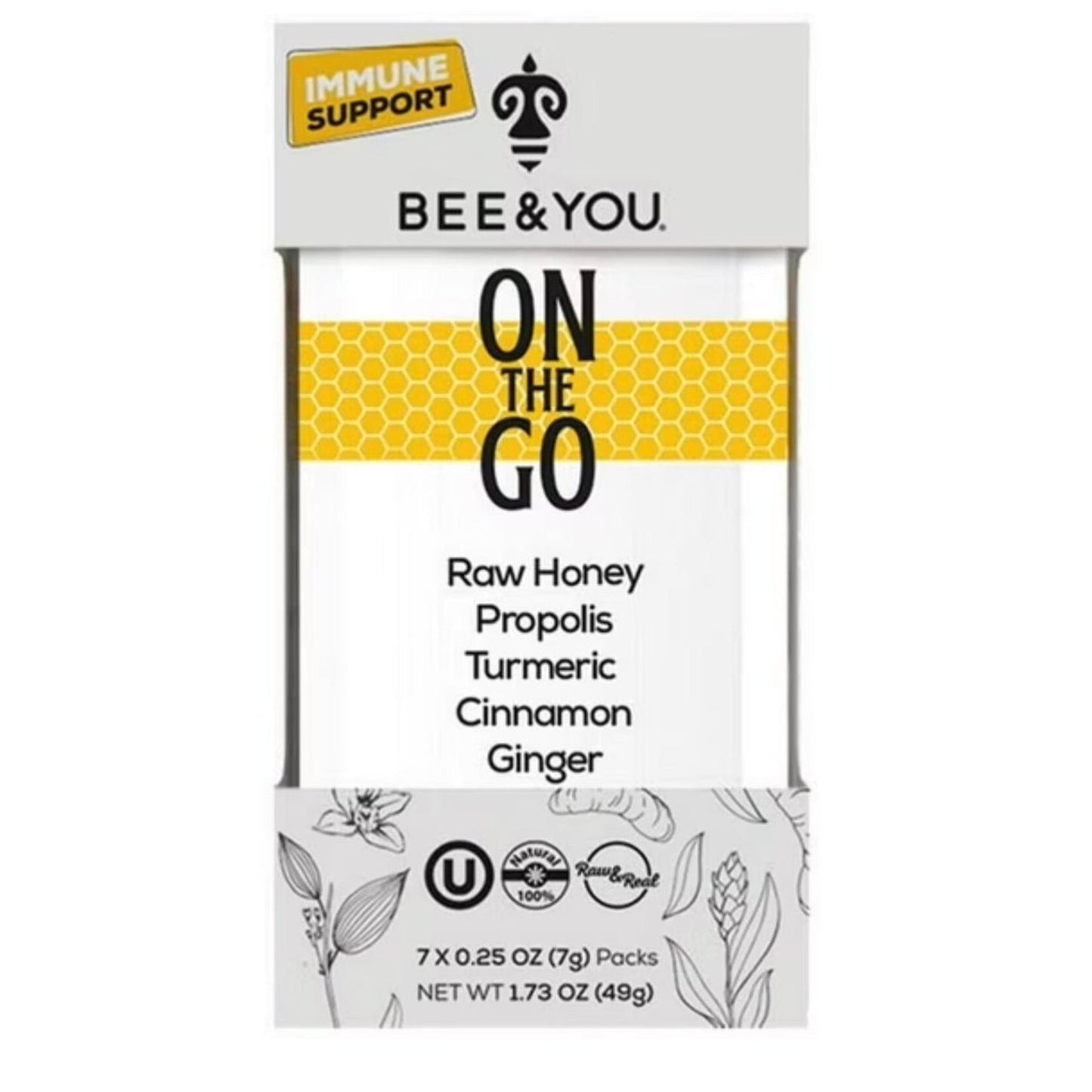 Pack of Bee & You immune support sachets labeled "On The Go" featuring ingredients raw honey, propolis, turmeric, cinnamon, and ginger, with a honeycomb design and botanical illustrations on white packaging.