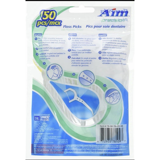 Aim Precision Floss Picks 50 count package with fluoridex thread and comfort grip for gentle cleaning