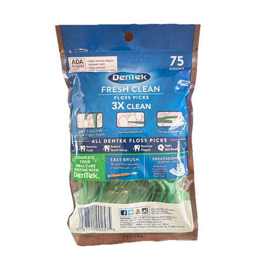 DenTek Fresh Clean Floss Picks 75 count pack with 3X cleaning action and tongue cleaner, green floss picks visible inside