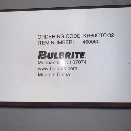 Close-up of Bulbrite packaging label showing ordering code KR60CTC/32 and item number 460060 details