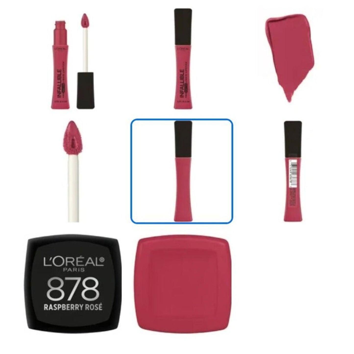 Multiple views of a pink liquid lipstick with black cap including applicator wand, color swatch, bottom label reading "878 Raspberry Rosé," and tube details visible from front and side.