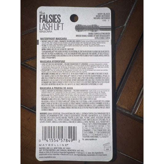 Maybelline New York Falsies Lash Lift Waterproof Mascara packaging back showing product details and barcode in very black shade