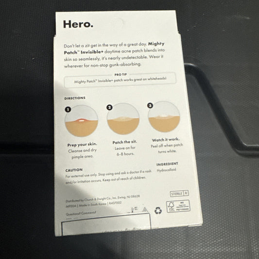 Back of NIB Hero Mighty Patch Invisible+ package showing directions and product details for hydrocolloid patches