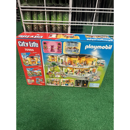 PLAYMOBIL City Life 70986 Modern Doll House Floor Extension box showing expanded dollhouse with furniture and figures