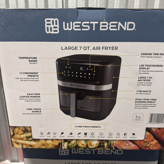 West Bend 7QT air fryer with touchscreen, 13 presets, dishwasher-safe basket, and cool-touch handle shown on packaging box