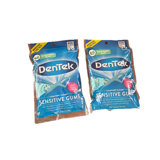 Two packs of Dentek Comfort Clean Sensitive Gums floss picks 90 count with mouthwash blast flavor visible