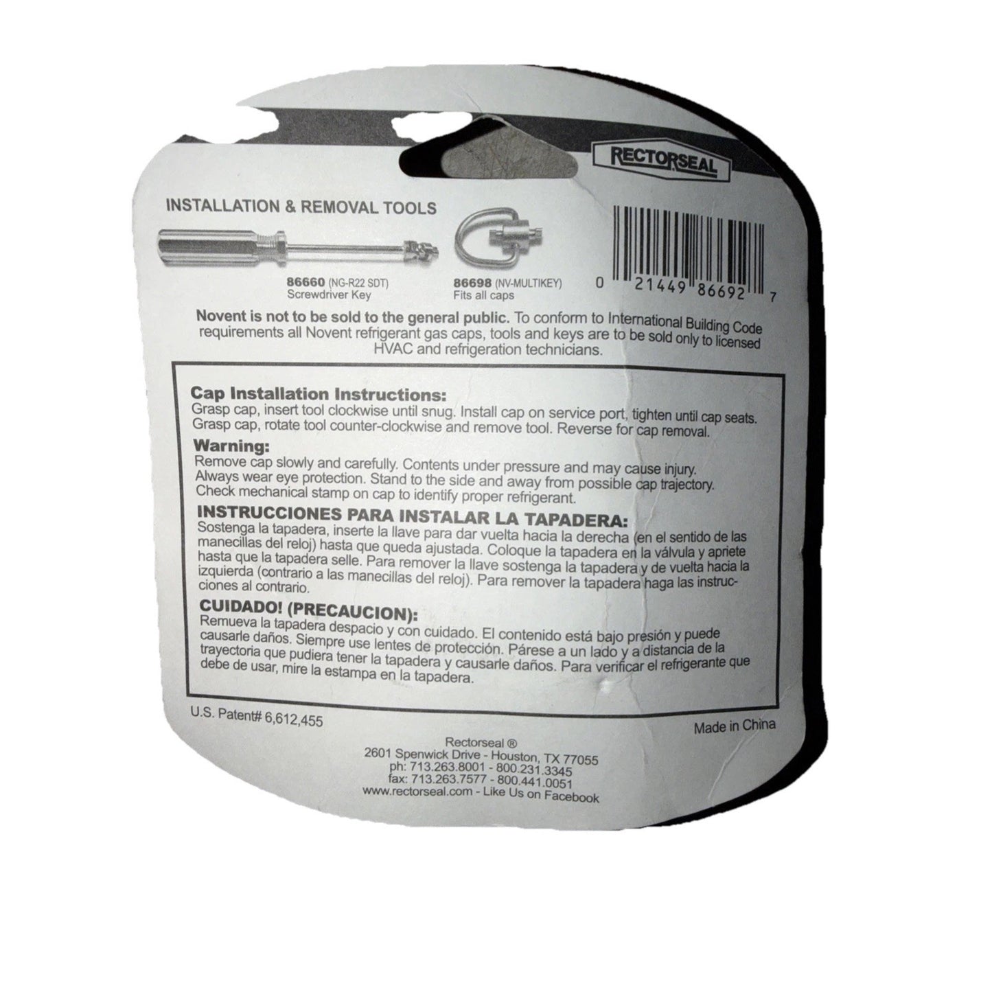 Rear view of a RectorSeal branded product package showing installation and removal instructions for a screwdriver key tool, warning notices, and bilingual text in English and Spanish on a white background.