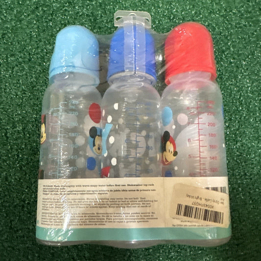 Set of three Disney Mickey Mouse baby bottles 260ml each with multicolored design and blue, purple, red caps