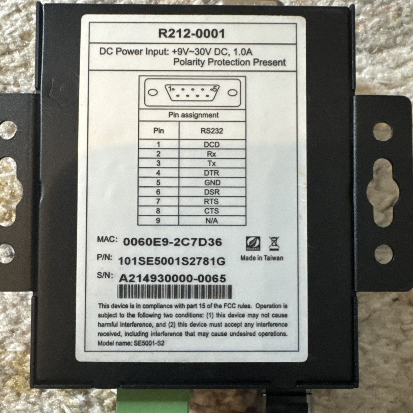 Revel System Serial Server R212-0001 black wiring box with pin assignment, serial and power input details label