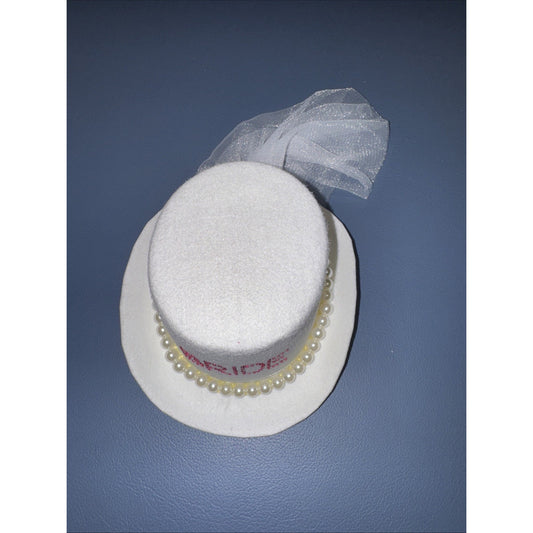 White bride mini top hat fascinator with clip-on pearls and tulle bow for wedding or bachelorette accessory
