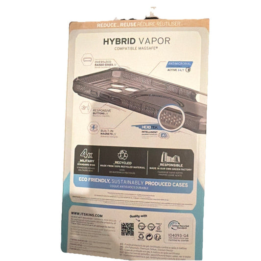 Itskins Hybrid Vapor phone case packaging highlighting military grade drop protection and eco-friendly materials