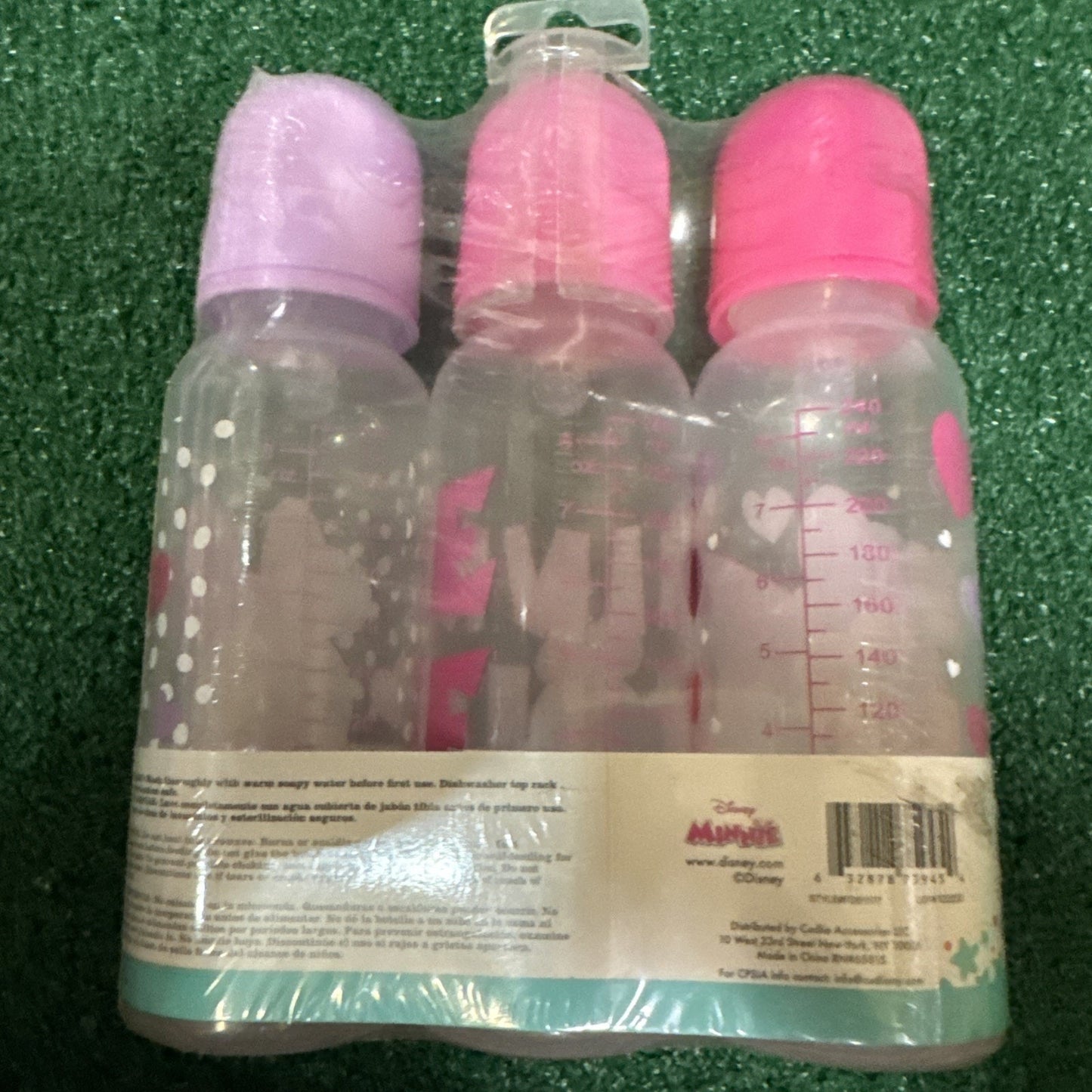 Disney Cudlie Minnie Mouse baby girl 3 pack 9oz feeding bottles with pink and purple caps and design details